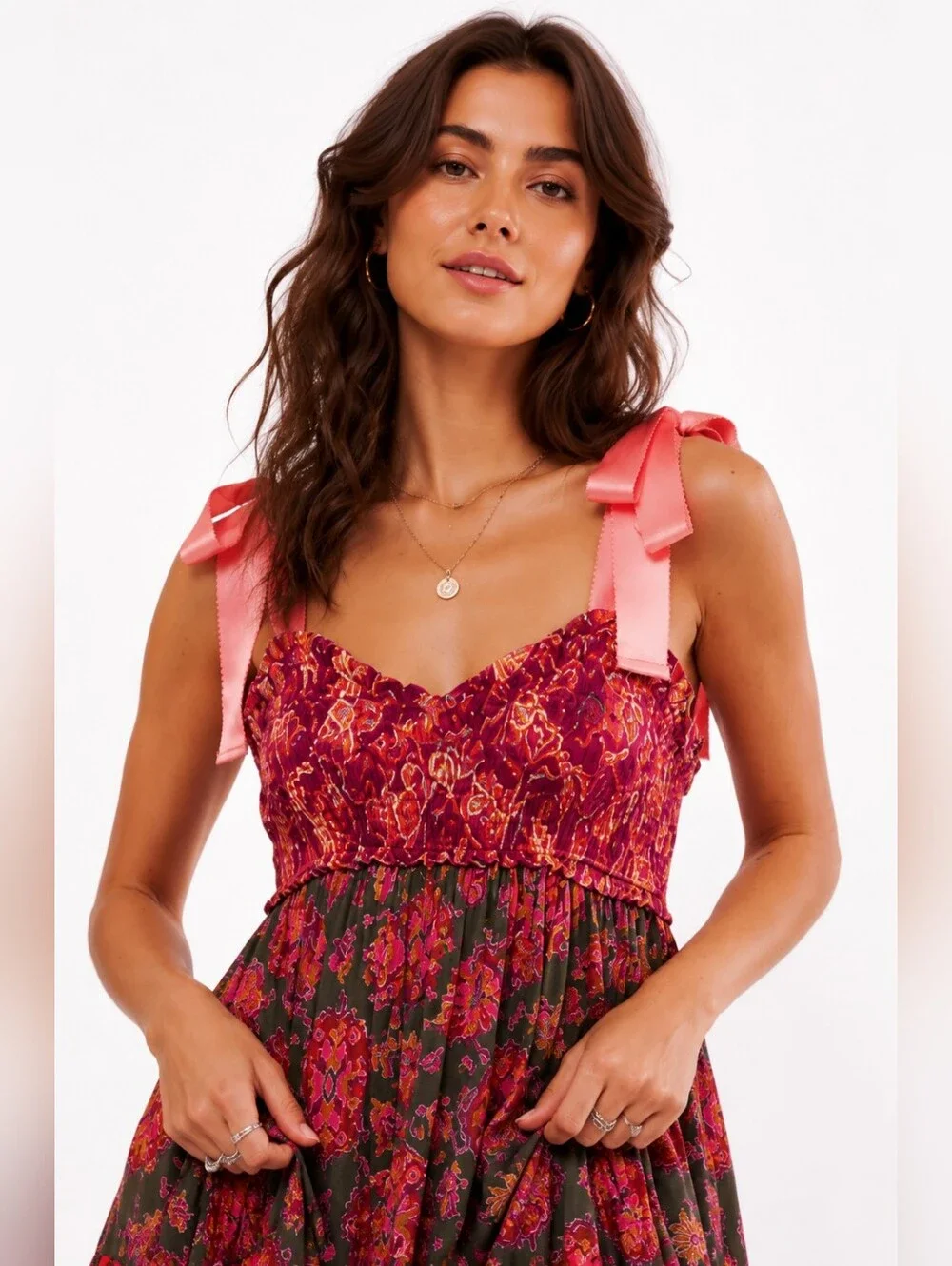 Free People Bluebell Maxi Dress Magenta Combo Floral Boho Smocked Pockets Sz S - Picture 3 of 16